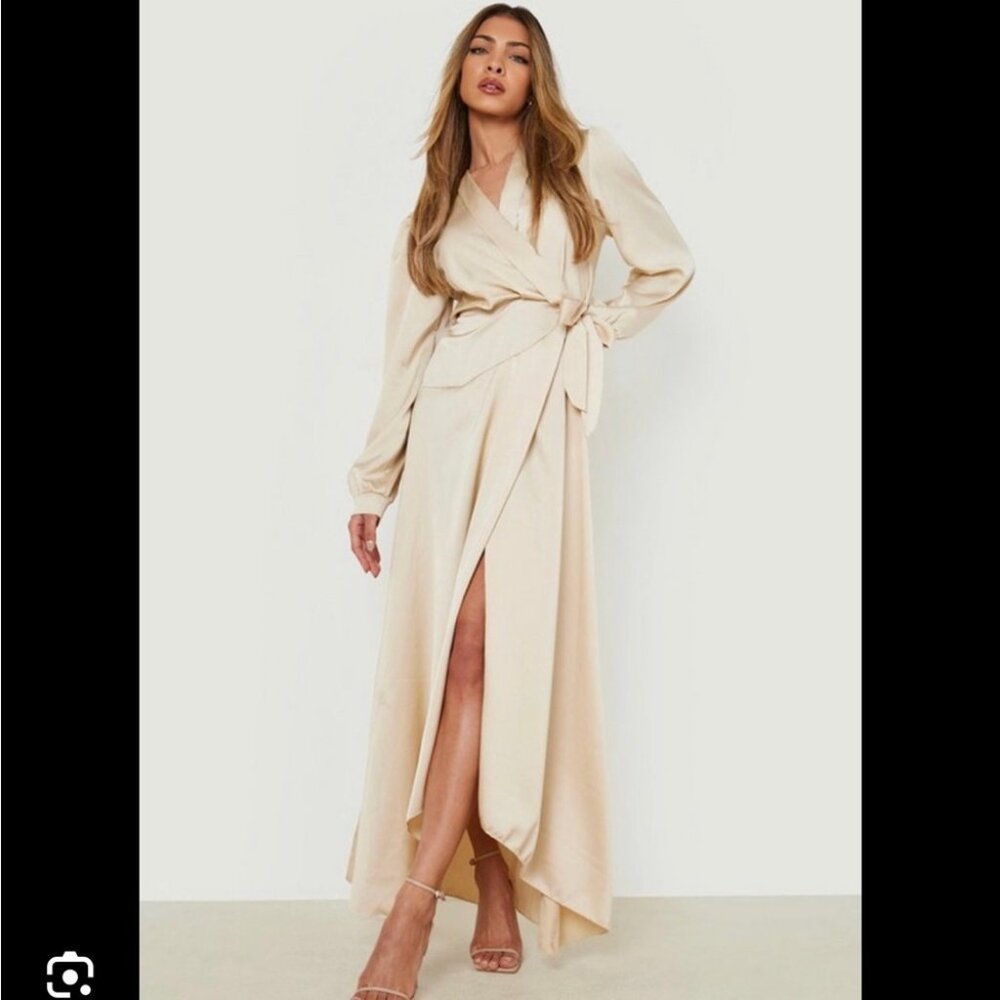 Boohoo - Gold Satin Wrap Belted Maxi Dress Wedding Guest